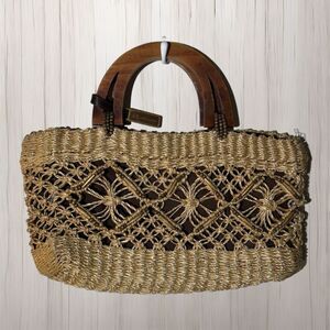 Anne Klein Woven Straw Macrame Handbag Boho Tote Purse Wooden Handles Coastal
